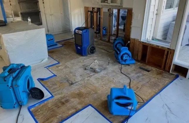 Air movers and a dehumidifier drying a flood damaged room with the flooring removed to the subfloor