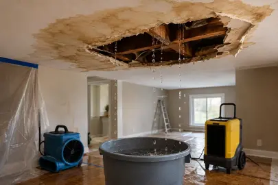 Ceiling opened by a roof leak with water dripping into a tub beside an air mover and dehumidifier