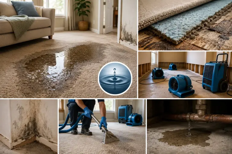 Collage of water damage signs in Buda homes including wet carpet, wall mold, warped flooring and a leaking pipe