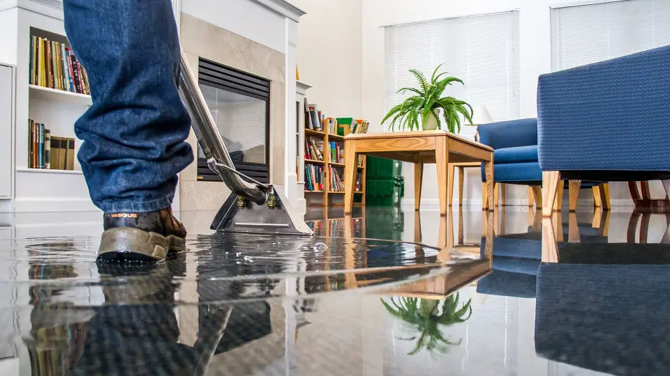 Technician using an extraction wand to remove standing water from a flooded living room floor