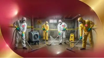 Hazmat crew in protective suits squeegeeing contaminated water behind caution tape and a biohazard sign