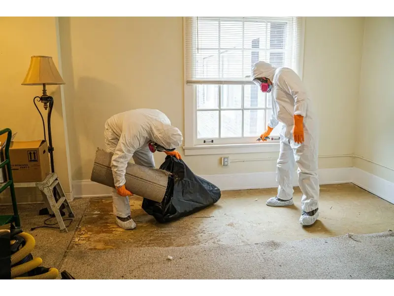 Mold remediation crew in respirators and protective suits bagging contaminated carpet padding