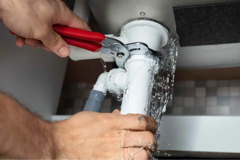 Plumber tightening a leaking drain pipe under a sink as water sprays from the loose joint