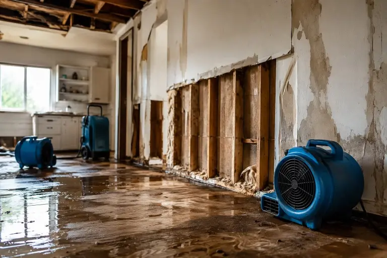 Muddy floodwater on a room floor with lower walls cut open and air movers set up to start drying