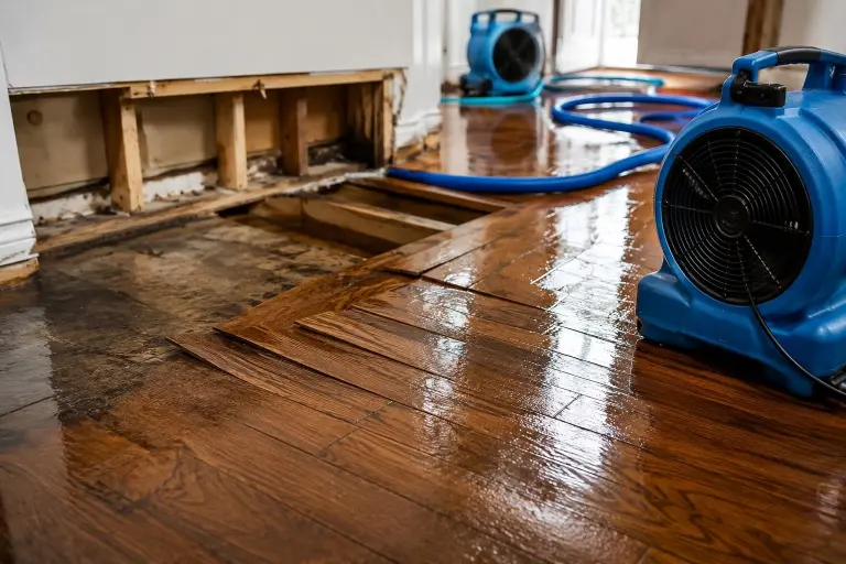 Wet hardwood floor partly pulled up with air movers and hoses drying the subfloor and lower walls
